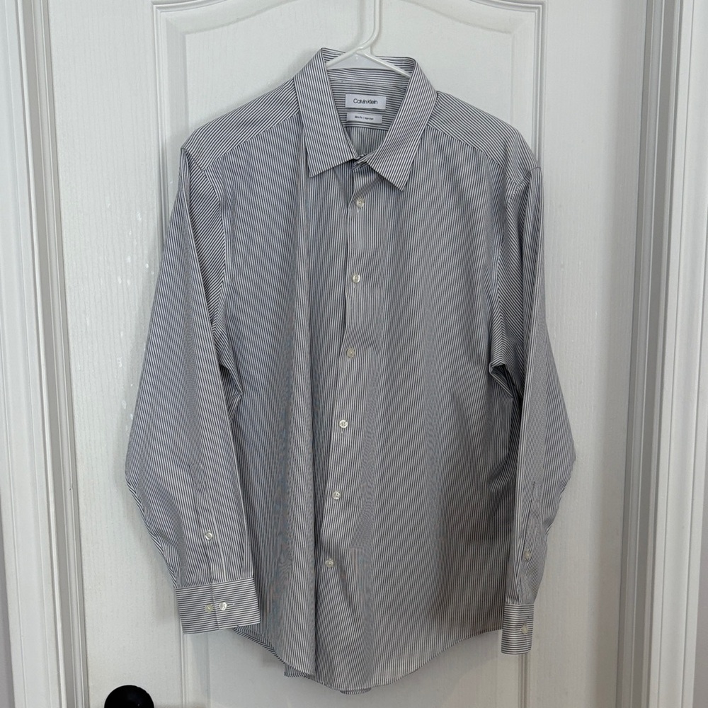 Calvin Klein Men's Pinstripe Dress Shirt in Navy